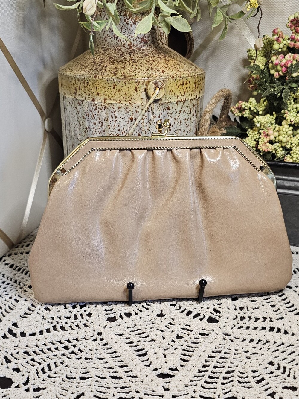 Vintage YL Beige Leather Frame Clutch with Gold Chain And  Gold Trim